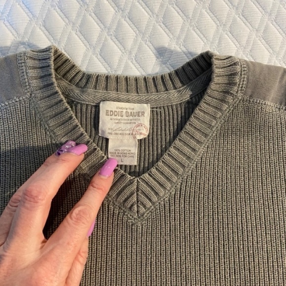 Eddie Bauer 100% Cotton Men's Sweater in Khaki Size L with Canvas accents GUC - Picture 3 of 14